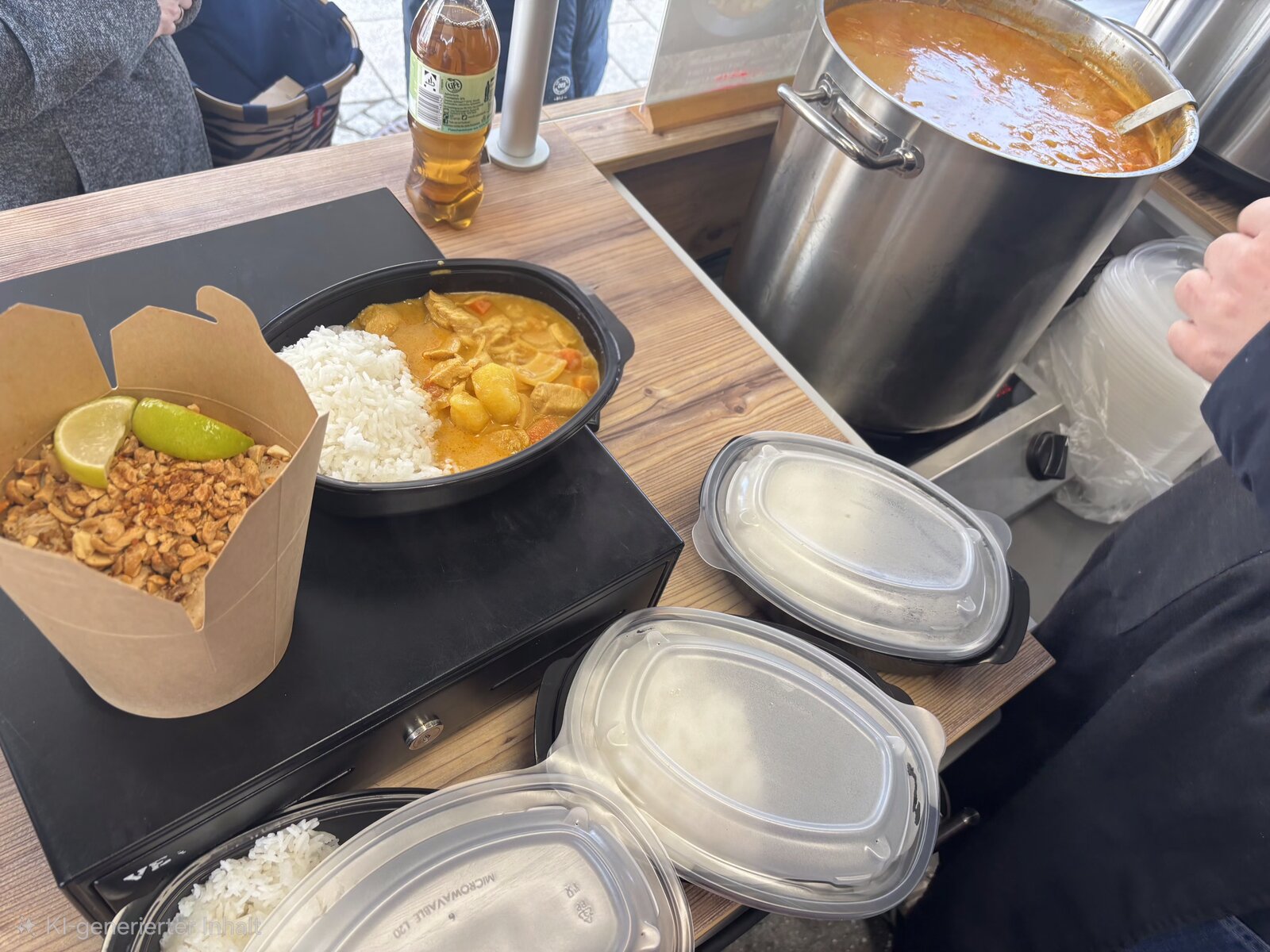 Thai Curry mit Reis, frisch verpackt zum Mitnehmen am Truck