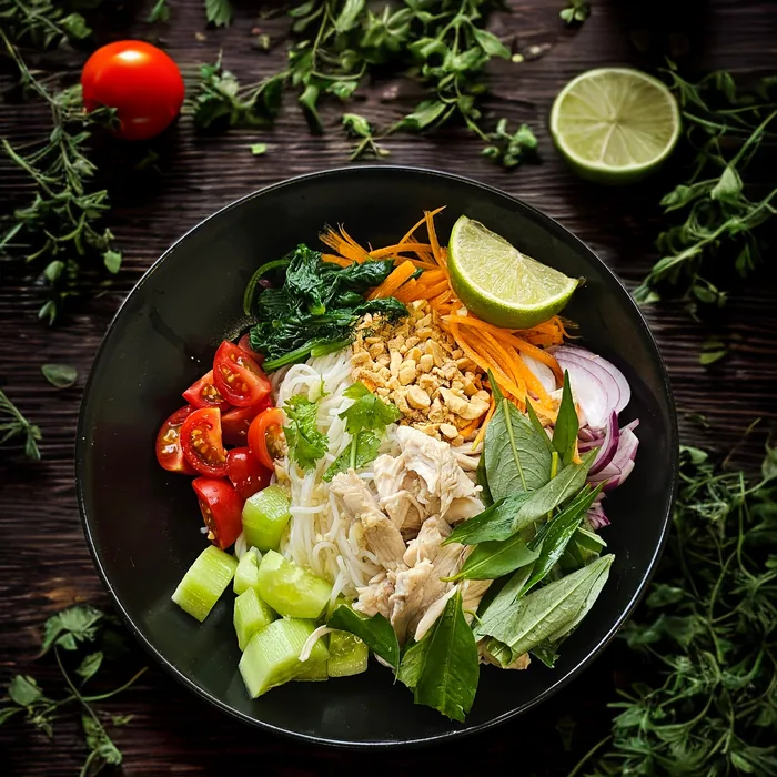 Bun Bun Salat mit Reisnudeln, Tomaten und frischen Kräutern
