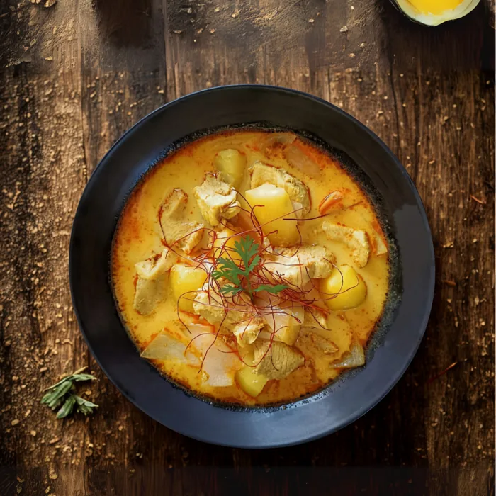 Gelbes Thai Curry mit Kartoffeln in dunkler Schale