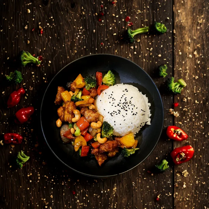 Hoisin Chicken mit Brokkoli, Paprika und Reis