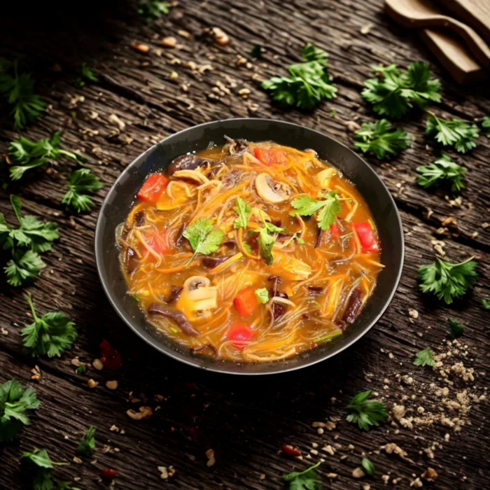 Indonesische Glasnudelsuppe mit Paprika und Pilzen
