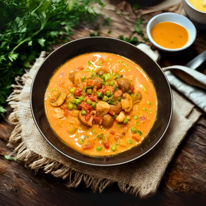 Nepalesisches Pilzcurry mit Champignons und Erbsen