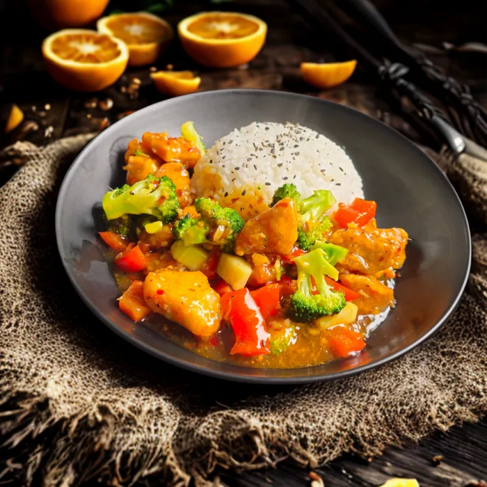 Orange Chicken mit Wokgemüse und Reis in dunkler Schale