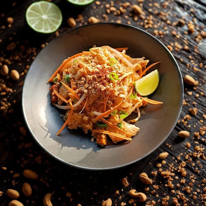 Pad Thai mit Limette und gerösteten Erdnüssen auf dunklem Holz