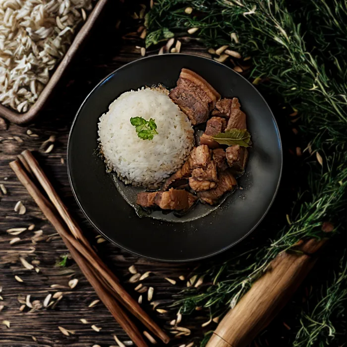 Pork Adobo mit Jasminreis auf dunklem Teller