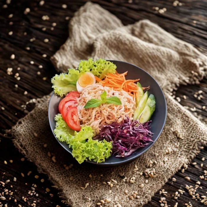 Ramennudelsalat mit Sesamdressing, Gurke und Tomaten