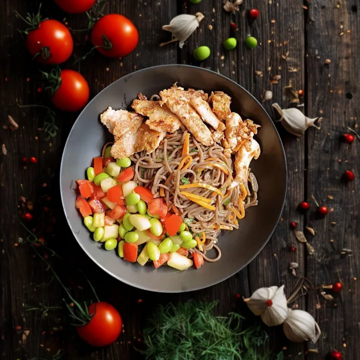 Soba Nudelsalat mit Tomaten, Gurke und Hähnchen